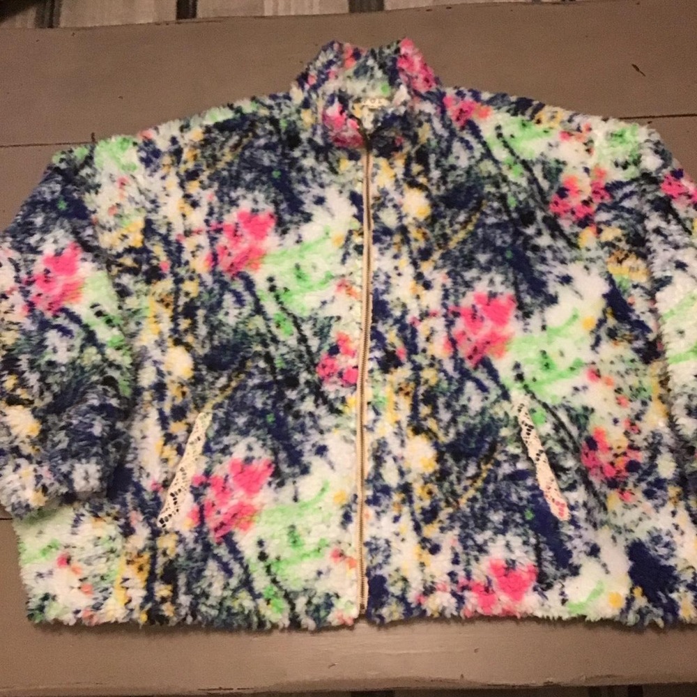 Women's POL Sherpa Floral Pattern Zippered Fleece Jacket Coat oversized Small